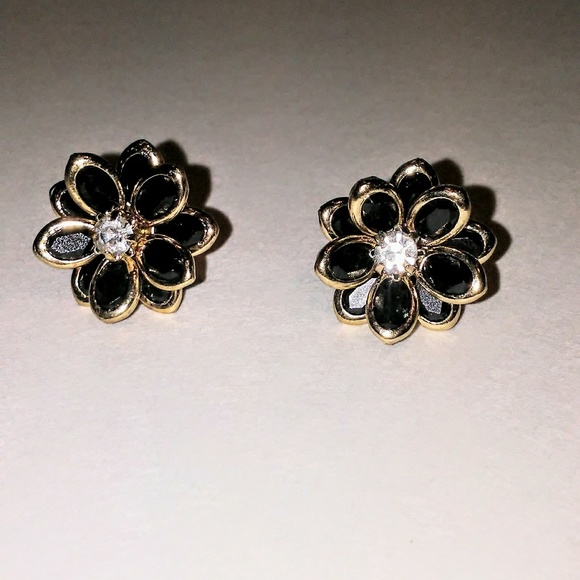 ROSE Camelia Flower Earrings BLACK w Simulated Diamonds - Picture 4 of 7